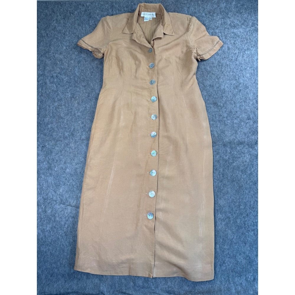 Maggy London Dress Womens 10 Tan Linen Blend Midi Button Front Coastal 90s Boho
